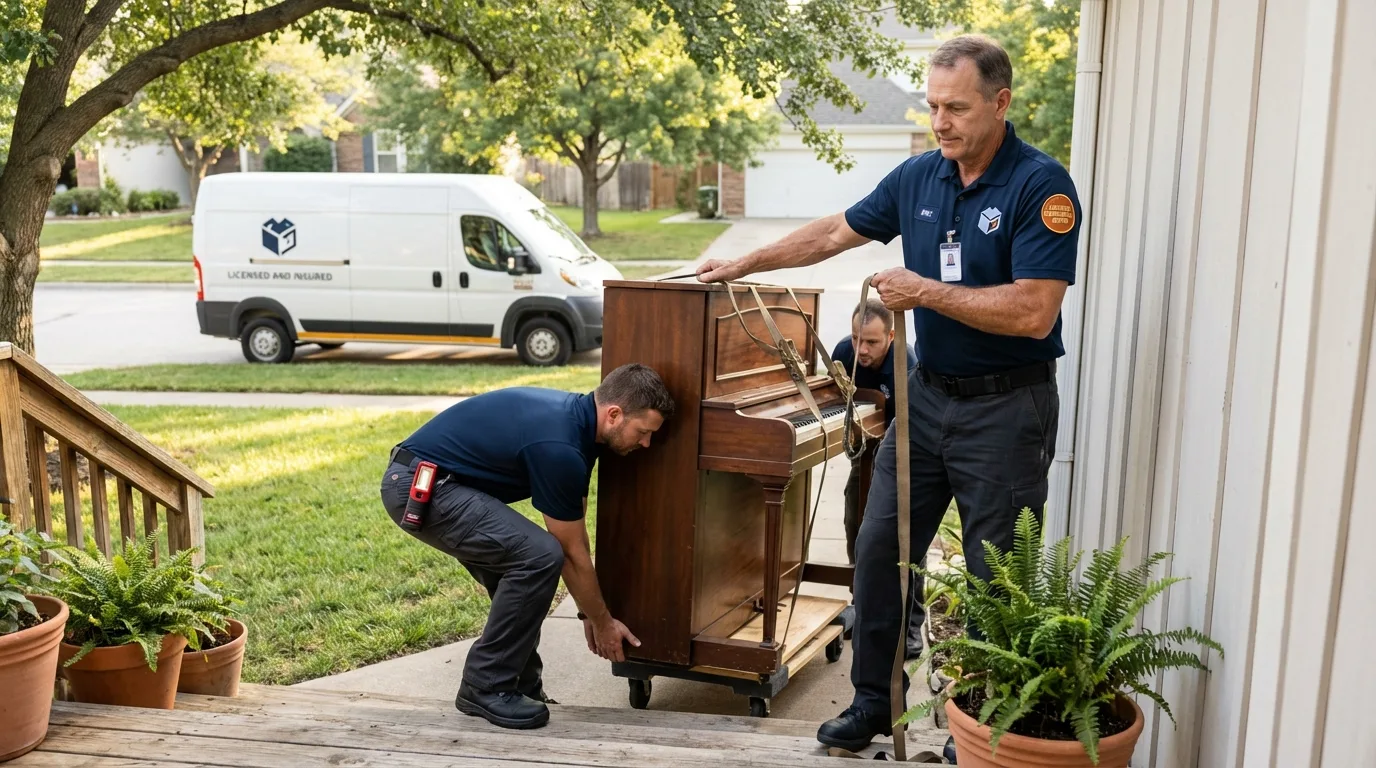 Licensed piano movers securing grand piano in Beatrice, NE