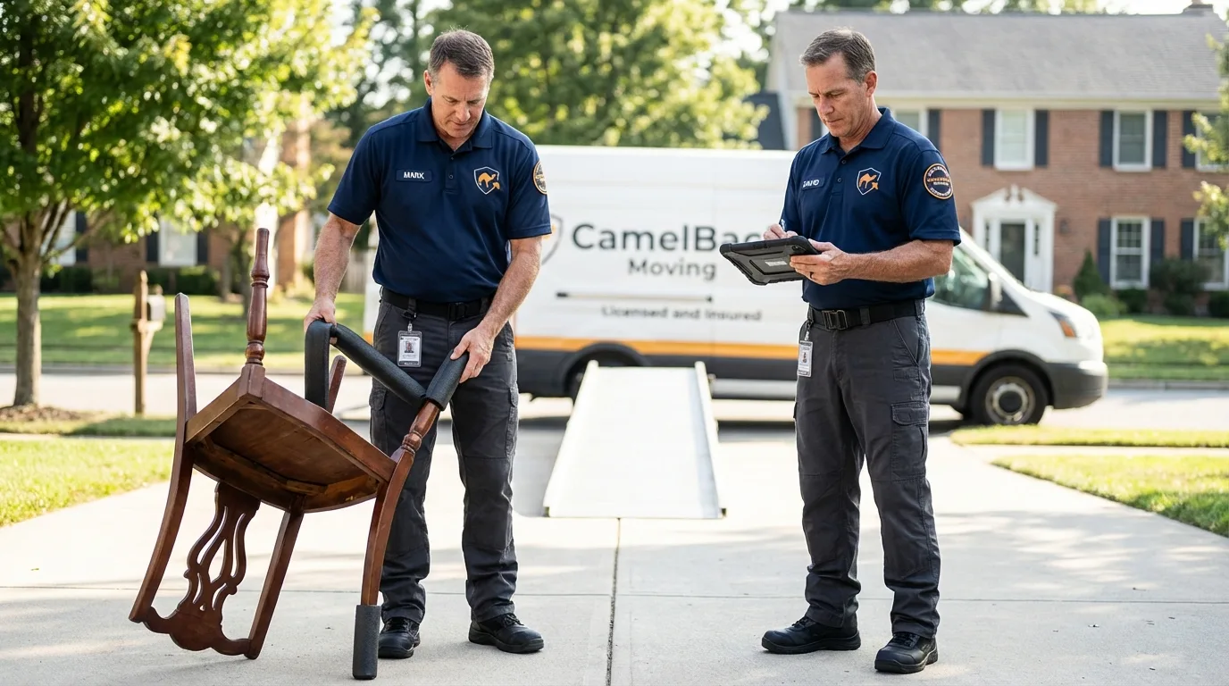 Movers inspecting furniture for damage prevention before loading in Beatrice, NE